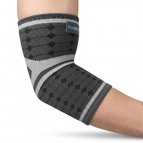 bonmedico Professionell Kusano unisex armbågsstöd, stöd för senor och muskler, elastisk kompressionstyg för att förebygga och ge smärtlindring, grå, M