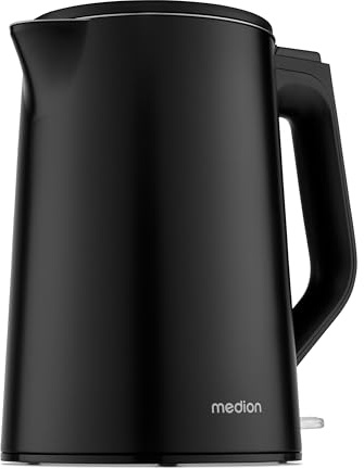 MEDION Wasserkocher Edelstahl (1,5 Liter, 2.200 Watt, 360° Basis, Warmhaltefunktion, LED Betriebsanzeige, Doppelwandiges Edelstahlgehäuse, MD12105) schwarz