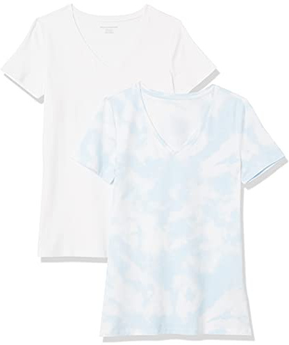 Amazon Essentials Women's Regular-Fit Short-Sleeve V-Neck T-Shirt, Pack of 2, Blue Tie Dye/White, X-Large