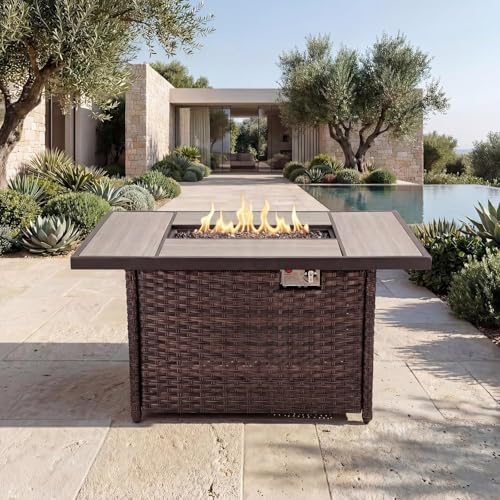 Grand Patio Outdoor 43-Inch CSA Safety Approved Gas Fire Pit Table 60,000 BTU Rectangle Propane Fire Pit with Ceramic Tile Top and Wicker Base
