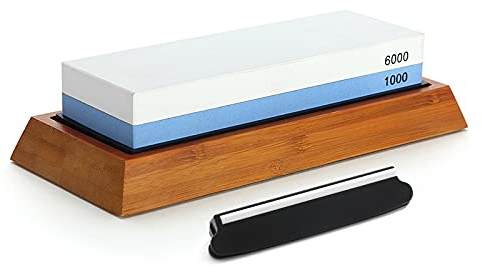 LINFFSTR 1000/6000 Dual Grit Whetstone Knife Sharpening Stone with Non-slip Bamboo Mat and Angle Guide Waterstone Sharpening Set for Kitchen Knives Repair Tools