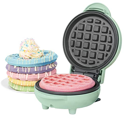 Giles & Posner EK4214GSGR Mini Waffle Maker – Non-Stick Waffle Iron Machine, For Belgian & American Style Waffles, Sweet/Savoury Snacks Desserts, Compact, 11.5 cm Round Cooking Plate, Pastel Green