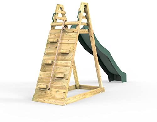 Rebo® Children's Wooden Free Standing 8.7ft Kids Water Slide with Adventure Wall - Green | OutdoorToys | Pressure Treated Timber - Strong and Sturdy Climbing Wall