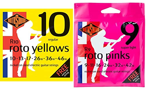 Rotosound R10 Nickel Regular Gauge Electric Guitar Strings (10 13 17 26 36 46), Pack of 7, yellow pack & Nickel Super Light Gauge Electric Guitar Strings (9 11 16 24 32 42), R9