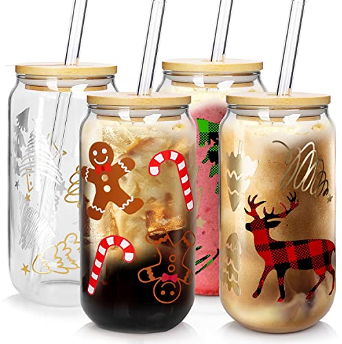 Weihnachtstassen, 550ml Weihnachtskaffee Tassen Bier Dose Glas mit Deckel und Stroh Bunte Weihnachtsbaum Elch Tumbler Trinkgläser Glaswaren