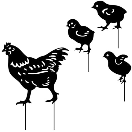4Pcs Metal Chicken Garden Stakes, Decorative Hen and Chicks Yard Stakes, Metal Animal Yard Decor, Chicken Art Silhouette Statue for Lawn Patio Gazon Outdoor Ornament