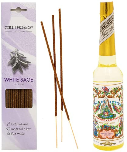 Jiri & Friends Weißer Salbei 1er-Pack Räucherstäbchen Set | Inkl. 270 ml Agua de Florida | 15 Stück Natural Incense Sticks | Geschenkset für Ayurveda & Meditation | Reinigung & Harmonisierung