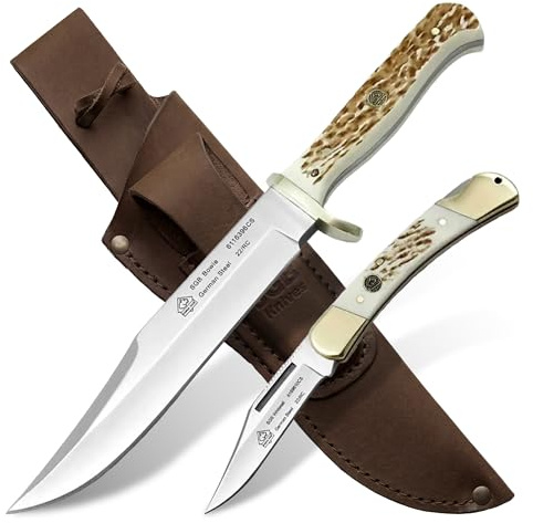 Puma SGB – Bowie & Whitetail Kombi - Bowie- & Jagdtaschenmesser im Set - Klingen aus deutschem Stahl 1.4116-55-57 HRC - Griffe aus POM Commando Stag - inkl. Kombi-Lederscheide (Art.Nr.: 61610396CS)
