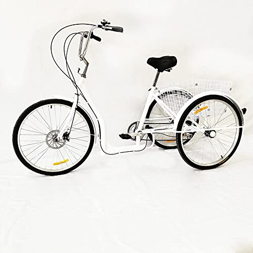 Lightakai Dreirad für Erwachsene, 26 Zoll 6-Gang 3 Räder Erwachsenendreirad Dreirädriges Cruiser-Fahrrad mit Einkaufskorb für Reisen, Radfahren und Einkaufen, Montage Nötig (Weiß)
