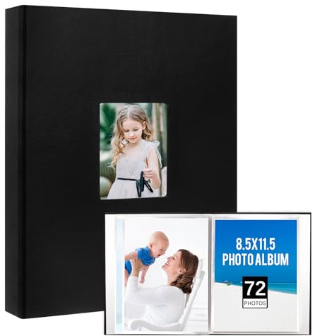 8.5x11 Photo Album Holds 72 Photos, Leather Cover with Front Window, Transparent Inner Pages 8.5x11 Photo Album for Wedding Family Pictures (Black)