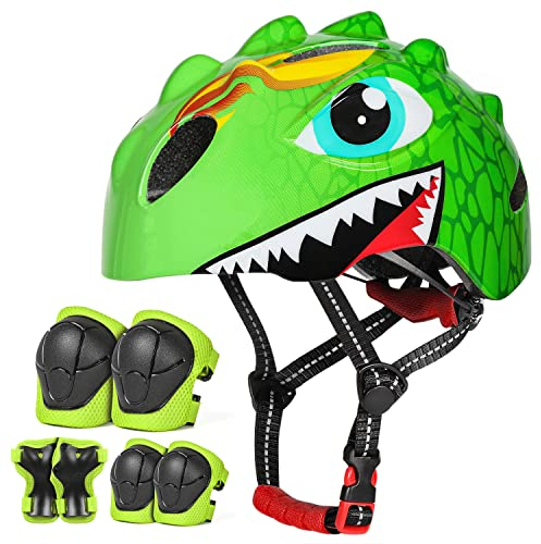 VICTGOAL Fahrradhelm Kinder zu Radsport Niedliche Cartoon 3D Gestaltet Kinderhelm für Fahrrad Skateboard Rollschuh für Jungen und Mädchen Verstellbare Größe (Grün Set, S (50-54 cm))