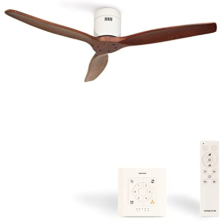 CREATE / WINDCALM M/Deckenventilator ABS Weiß Dunkelholzflügel-Optik mit Fernbedienung und Wandschalter / 40W, Leise, Ø132cm, Timer von 1 bis 4 Std., DC-Motor, Sommer-Winterbetrieb