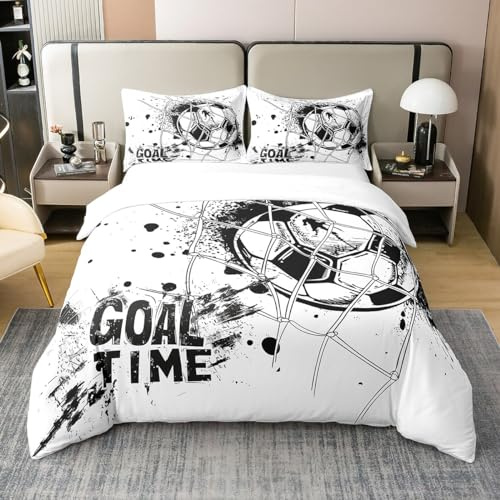 Kids Football 100% Cotton Comforter Cover Twin Size American Soccer Bedding Set Sports Games Duvet Cover For Boys Girls Children Teens Geometric Polygon Quilt Cover For Bedroom, Black White