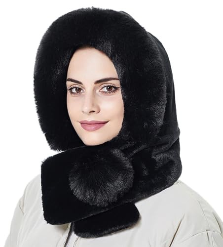 LJRPUPY Sciarpa in pelliccia sintetica per le donne con cappuccio con teschio berretti copertura orecchie Beanie cappello in pile sci cappelli da neve, Nero , Taglia unica