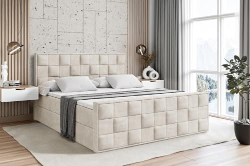 ALTDECOR Boxspringbett mit Matratze und Lattenrost, Boxbett, Fußteil, Topper, Polsterbett mit Bettkasten, Bett mit Stauraum H4-Matratze, Doppelbett, Springboxbett -Zafira - 160x200 Beige Samt