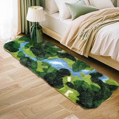 THRILRUG Flauschiger Moos-Teppich, lustiger Badteppich, Läufer für Nachttisch, Schlafsaal, Schlafzimmer, Flur, Zottelblätter, rutschfest, ultraweich, waschbar. (Moss River, 61x173cm)
