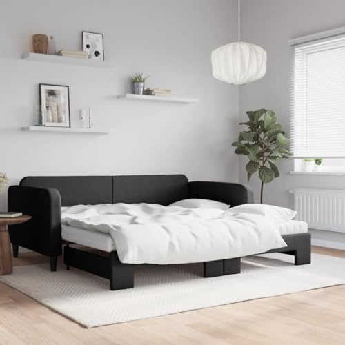 KOIECETA Tagesbett Ausziehbar mit Matratzen Schwarz 100x200 cm Stoff