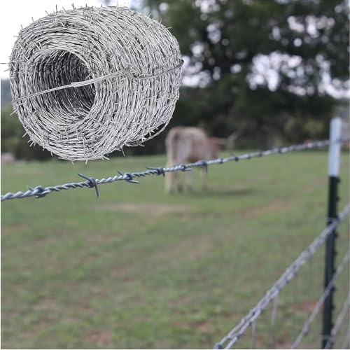 CINVSERW Stacheldrahtrolle, 2-drahtig Stacheldraht Verzinkt Basteldraht für Wildzaun Forstzaun Knotengeﬂecht Stacheldraht, Stachelabstand 12cm, Klingendraht Weidedraht Rolle (50m/164ft)