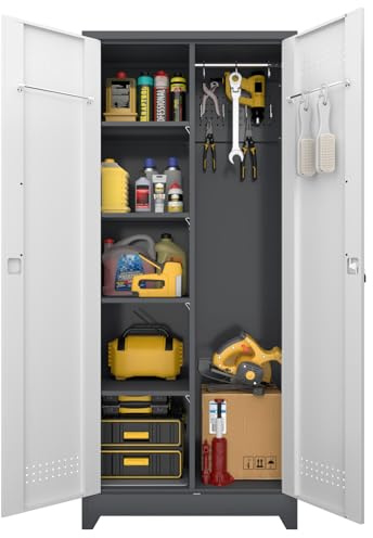 LUCYPAL Broom Storage Cabinet with Locking Doors and Shelves,Broom Closet Storage Cabinet with Hanging Rod and Hooks,Metal Garage Cabinets for Kitchen,Bathroom,Office 72.8 H White&Grey