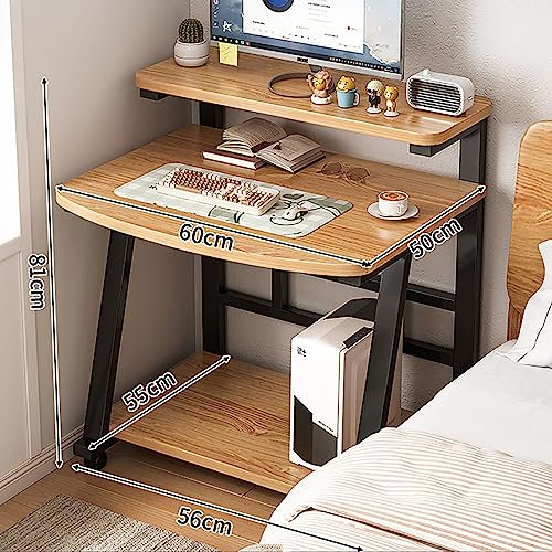 Rollbarer Computertisch auf Rollen, Schreibtisch-Arbeitsplatz mit Monitorständer, Tastaturablage, moderner PC-Laptop-Arbeitstisch mit Regalen für kleine Räume zu Hause und im Büro (60 x 50 x