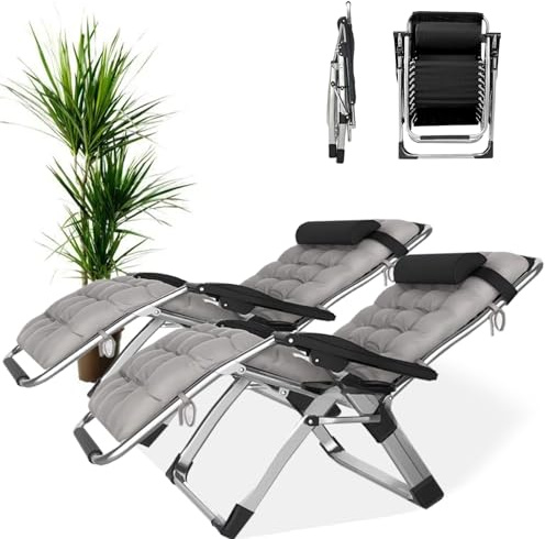 PMFRUG Relaxsessel Outdoor，Gartenliege Extra Hohe Sitzhöhe Sonnenliege Liegestuhl bis 200kg Belastbar Balkon Relaxsessel Gartenstuhl mit Fußteil (B-mit Grauem Kissen, 2er Set)