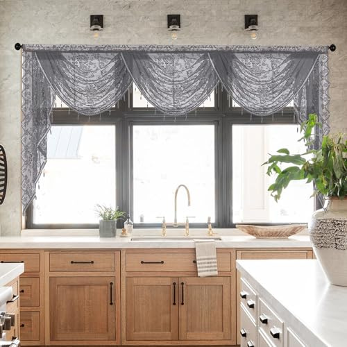 vctops Wasserfall-Volants mit Spitze für Fenster, Blumenmuster, Vintage, Girlande, durchsichtig, Küchenfenster, Vorhänge, Volant für Wohnzimmer, Schlafzimmer, Badezimmer, Café (Grau, 250 x 104 cm)
