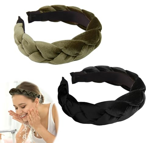 2-teilig Haarreif, Samt Geflochten Haarreifen, Damen Stirnband Breit Haarband, Vintage Gepolsterte Haarreifen, Mode Stirnbänder, Geeignet für Partys, Hautpflege (Grün, Schwarz)