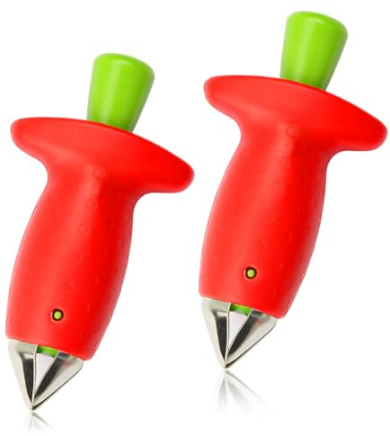 Lotsdonxia 2PCS Stainless Steel Strawberry Huller and Stem Remover Kit, A Red Kitchen Gadget for Achieving Flawless Fruit Coring. It Easily Eliminates Cores, Leaves, and Hulls