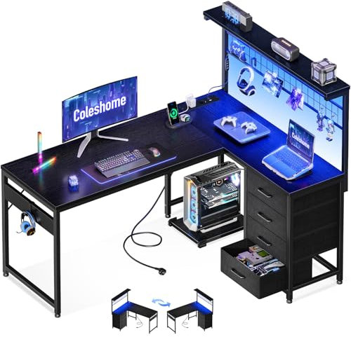 Coleshome Gaming Tisch mit LED, 130 × 100 cm Reversibler Gaming Schreibtisch mit Schubladen & Steckdosen, Eckschreibtisch mit Ablagefach & Stauraum, Schwarz