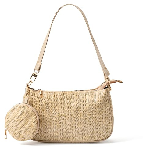 PANTIDE Khaki Straw Cross-body Bag - Summer Bohemian Shoulder Bag with Change Purse for Daily Use Girls Women Woven Cross Body Totes with Adjustable Wide Strap Detachable Purse for Travel Shopping