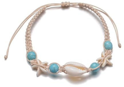 CYWQ Shell Anklet for Women Summer Natural Cowrie Adjustable Ankle Bracelet Boho Hawaiian Beach Seashell Starfish Scallop Foot Jewelry Gifts (turquoise shell)