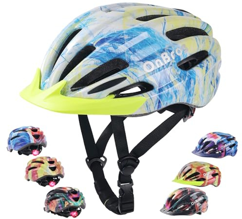 OnBros Kids Bike Helmet for Boys Girls Adjustable Lightweight 50-57cm | Multi-Sport Children Cycle Helmet：LED light (3 modes), visor,for ages 5-14,safe for Cycling Scooters and Skating
