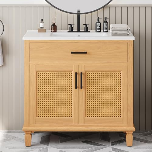 Christopher Knight Home Jones 36 Bathroom Vanity with Ceramic Sink, Freestanding Bathroom Storage Cabinet, Wooden Bathroom Vanity Organizer, Pedestal Sink Storage Cabinet,Drawer+Rattan Door, Natural