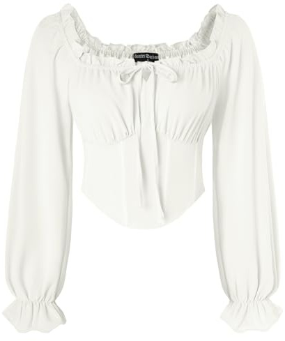 SCARLET DARKNESS Women's Medieval Crop Top Long Sleeve Corset Tops Square Collar Elastic Waist Pirate Shirt
