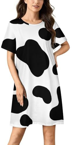 LZNJZ Kortärmad nattklänning, fläckar ko nattlinnen för kvinnor, Fläckar ko, 3XL