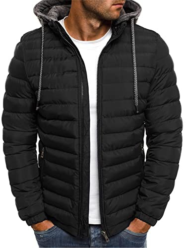 Steppjacke Herren Winter Daunenjacke Leicht Dünne Winterjacke Schwergewicht Jacket mit Kapuze Langarm Herrenjacke Classic Einfarbige Mantel Fashion Bequeme Kapuzenjacke 002 Schwarz XXL