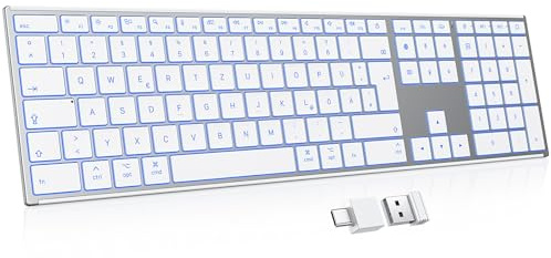 OMOTON Aluminium Mac Tastatur, 2.4G & Dual-Bluetooth (BT1/BT2),QWERTZ | Beleuchtete Kabellose Tastatur für Apple MacBook Pro/Air, iMac, Mac mini, ultradünn, wiederaufladbare, leise Tippen, Silber
