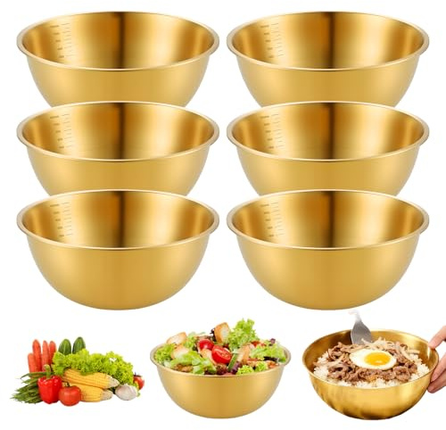 6 Pièces Bol Inox, Bols à Mélanger avec Balance, Saladier Cul de Poule Inox, 1,2L, Ø 19,5 cm, Saladier inox, Bol Cuisine, Bol à épices, Lave-Vaisselle, Empilables, pour Céréales,Trempette, Suppe, or