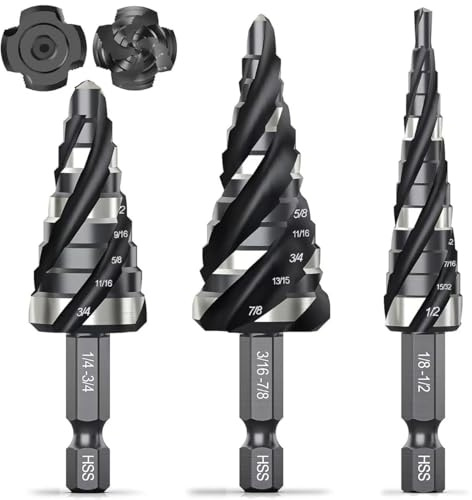 Juego de 3 brocas escalonadas HSS 4 ranuras en espiral 1/8-1/2, 3/16-7/8 y 1/4-3/4 pulgadas for metal, aluminio, madera otros materiales