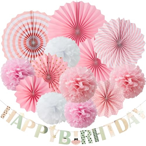 EASY JOY Geburtstagsdeko Mädchen Rosa Happy Birthday Girlande Geburtstag Dekoration Set Wiederverwendbar Tischdeko Party Deko Frauen Happy Birthday Girlande Fächer Pompoms für Kindergeburtstag