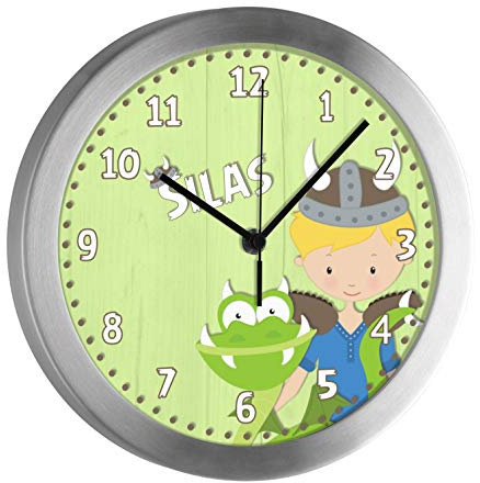 CreaDesign, Analoge Kinderzimmer Funkuhr mit (Wunsch) Name personalisiert, Kinder Wanduhr geräuscharm mit Aluminium-Rahmen, Motiv Wikinger, WU-10-1018