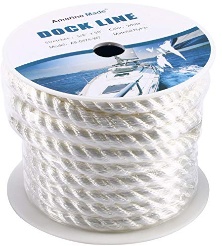 Amarine Made 5/8 inch 50 feet 3 Strand Twisted Nylon Rope Dockline Multipurpose Utility Line - Alkali and Weather Resistant - Crafts, Towing, Dock Line (White)