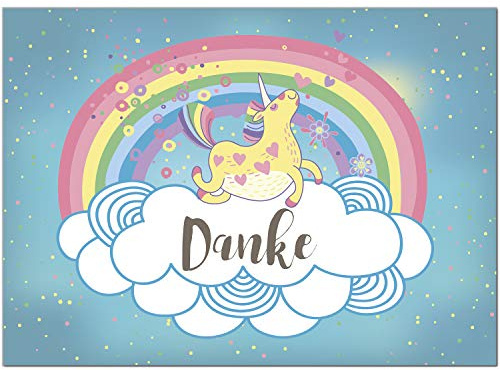 10 x Dankeskarten mit Umschlag - Einhorn mit Regenbogen - Danksagungskarten, Danke sagen, nach Hochzeit, Geburt, Baby, Taufe, Geburtstag, Kommunion, Konfirmation, Jugendweihe