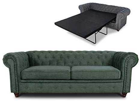 Sofnet - Schlafsofa Chesterfield Asti Bis 3-Sitzer (Grün, Capri 74) | Bettsofa, Sofa mit Schlaffunktion, 3-Sitzer, Couch, Bettfunktion, Strukturstoff, Holzfüße, Chesterfield Stil