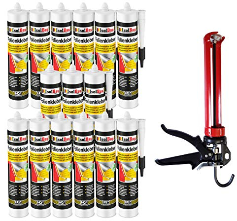 Isolbau Profi Folienkleber Set inkl. HQ Auspresspistole - Bauelastischer 1K Klebe-Dichtstoff zur Verklebung von Kunststofffolie, Dampfbremsen & Dampfsperren - 15 x 450 g