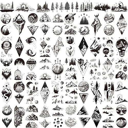 Hotoyannia 62 Sheets Mountain Temporary Tattoos Stickers, Including Fake Tattoos Waterproof Black Geometry Sun Star Moon Tree Triangle Sea Wave Semi Permanent Tattoos for Adult and Kids