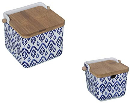 DRW Salero Original cerámica Cuadrado con Tapa madera12x12x12 cm (Pack salero y azucarero Azul)