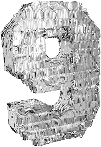 Goodtimes Pinata Zahl 9 in Silber 40cm hoch Partyspiel Zum Befüllen mit Süßigkeiten und zerschlagen Als Geschenkidee für Geburtstag Hochzeit JGA
