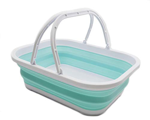 SAMMART 12L Collapsible Tub with Handle - Portable Outdoor Picnic Basket/Crater - Foldable Shopping Bag - Space Saving Storage Container (White/Light Blue)