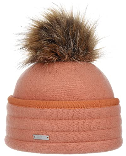 Seeberger Glenna Walkmütze Wollmütze Damenmütze Bommelmütze Wintermütze Damen - Made in Germany mit Umschlag Winter Herbst-Winter - One Size apricot